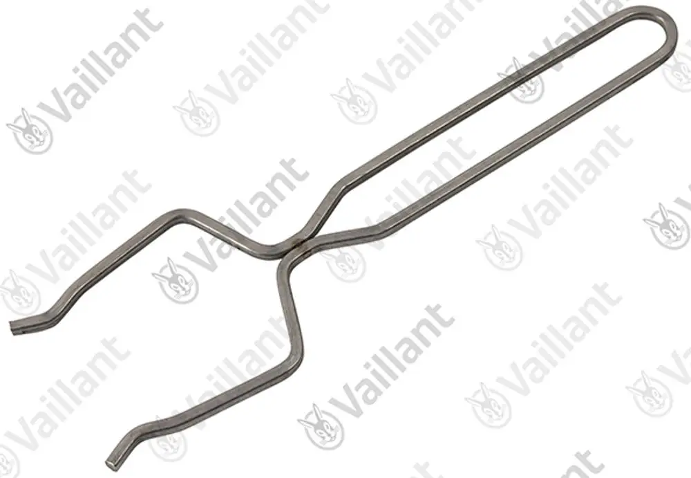 Vaillant Clip, aus Metall, mit zwei gebogenen Enden zur Befestigung oder Halterung. Eignet sich für verschiedene Heizungsmodelle.